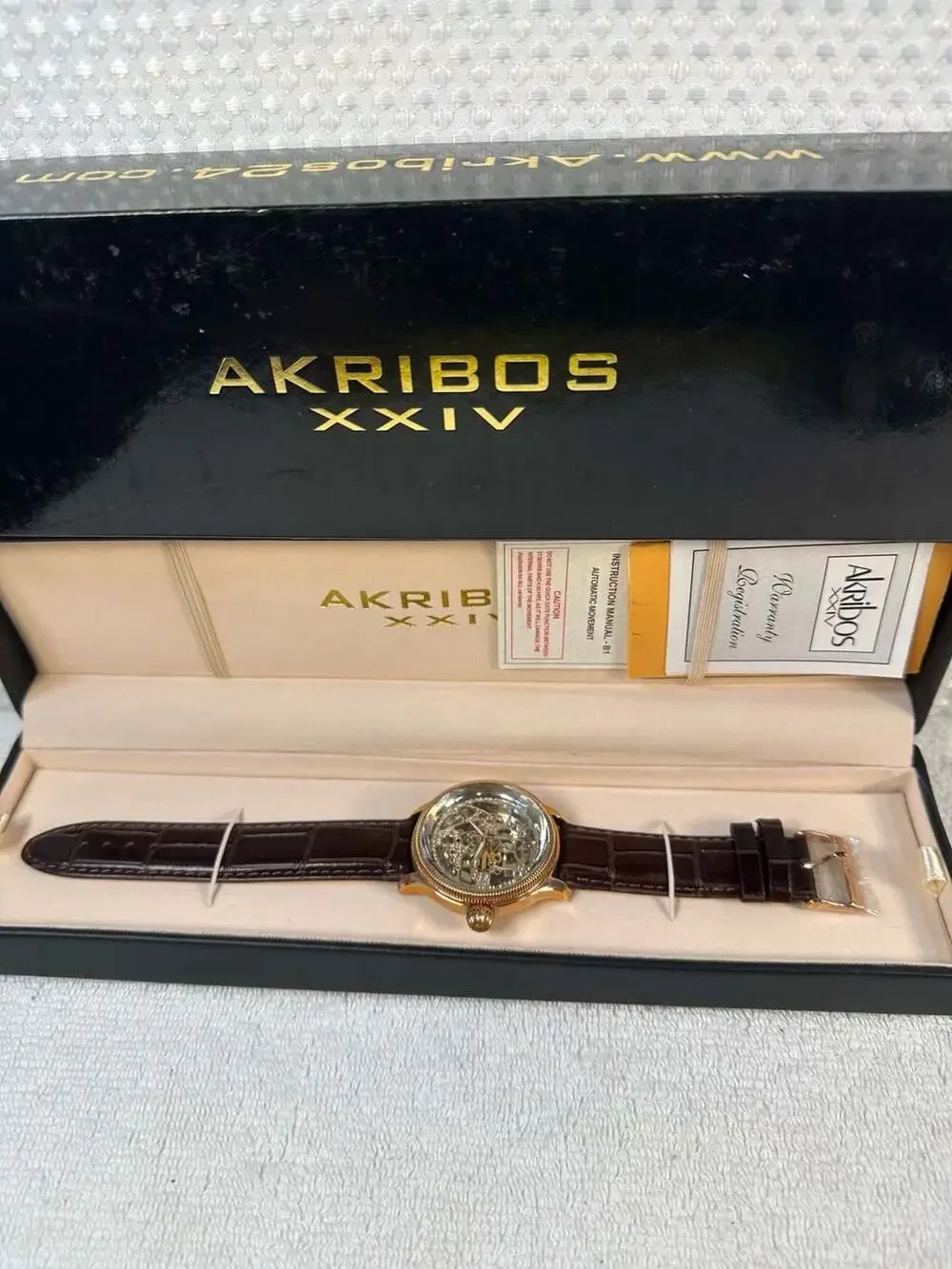 Akribos XXIV AK455RG Rose Gold Skeleton Automatic Leather Men's Watch